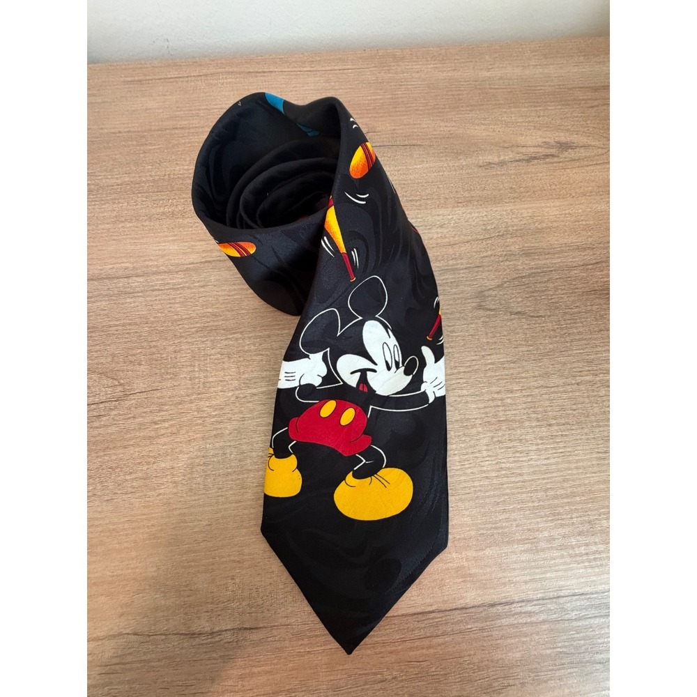 Disney Mickey Unlimited Mickey Mouse Goofy Juggling Black Silk Necktie USA Made